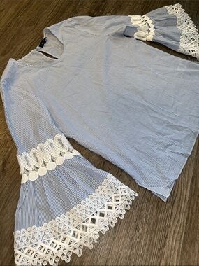 Le Gali Blue Stripe Lace Bell Sleeve Blouse Boho 100% Cotton Top Small